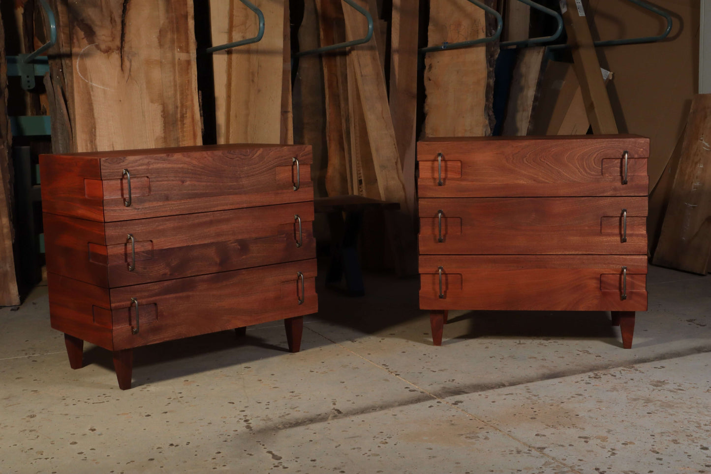 Sapelle nightstand set made of solid sapele wood with mid-century modern design and unique dual mount front hardware.
