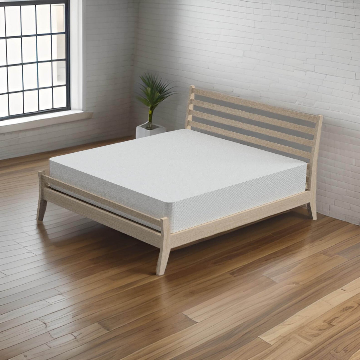 The Onassis Bed Frame in natural wood finish, showcasing mid-century modern design in a bright, minimalist bedroom.