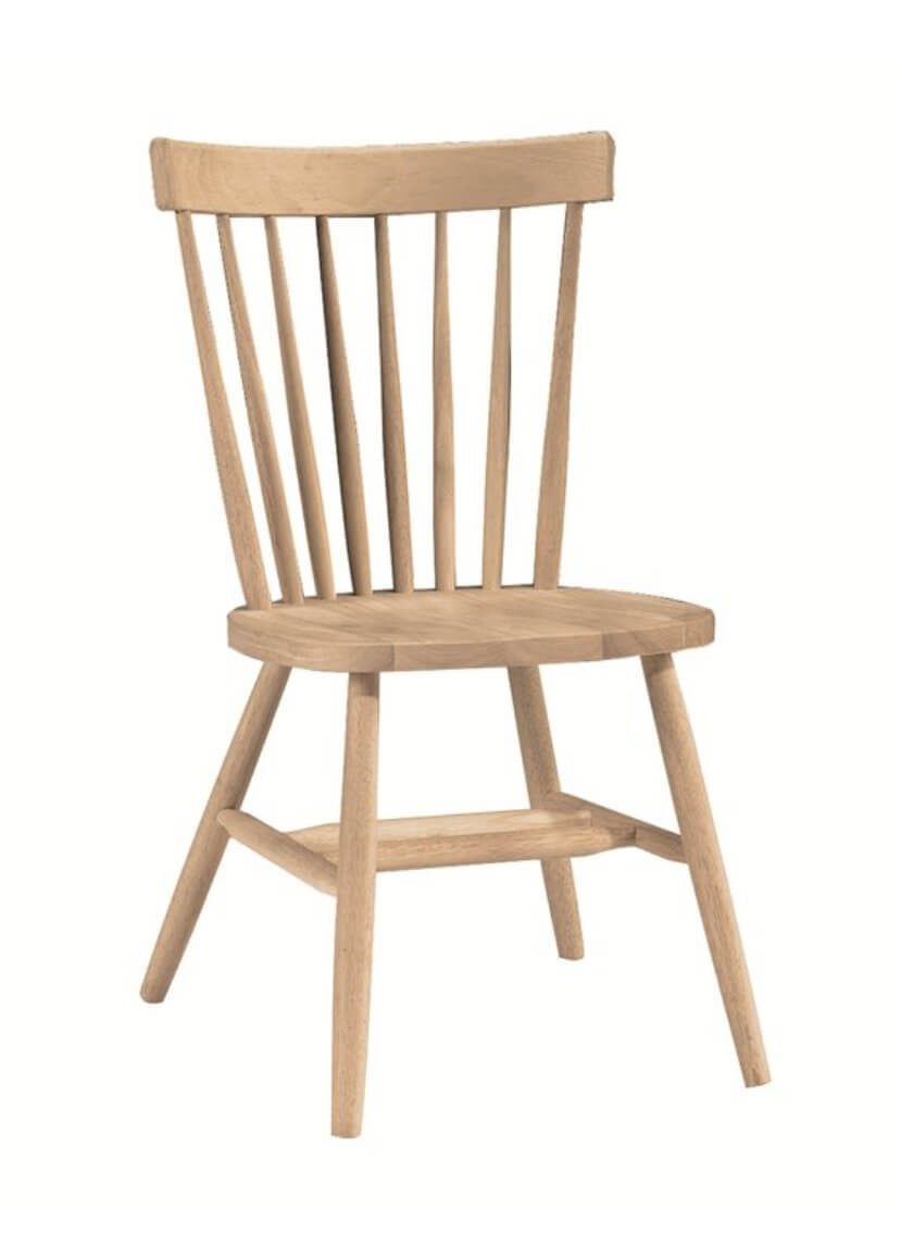 Solid wood dining chair with spindle back design in natural finish. Perfect for dining room furniture sets.