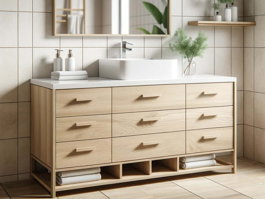 Modern bathroom with wooden vanity, white sink, and neutral tile walls.