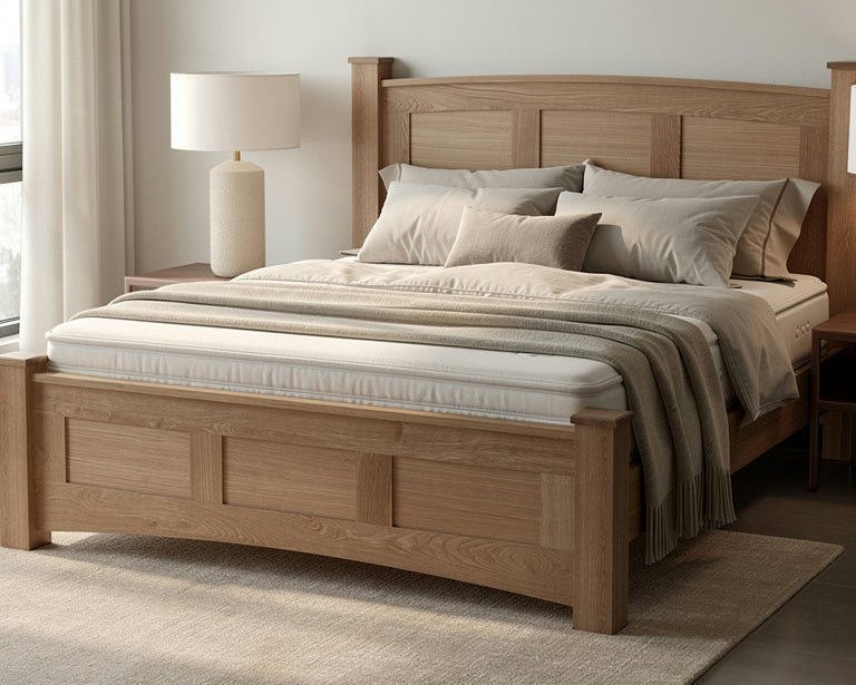 Modern bedroom with wooden headboard, checkered bedding, and a rustic wooden bench at the foot of the bed.