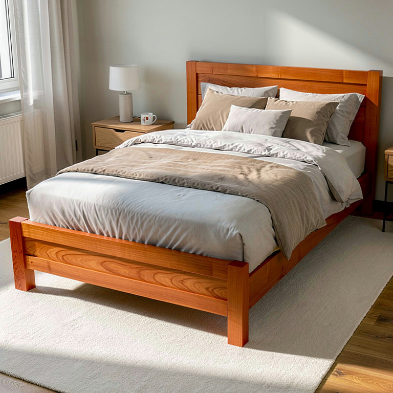 Wooden bed with bedding in a bedroom setting