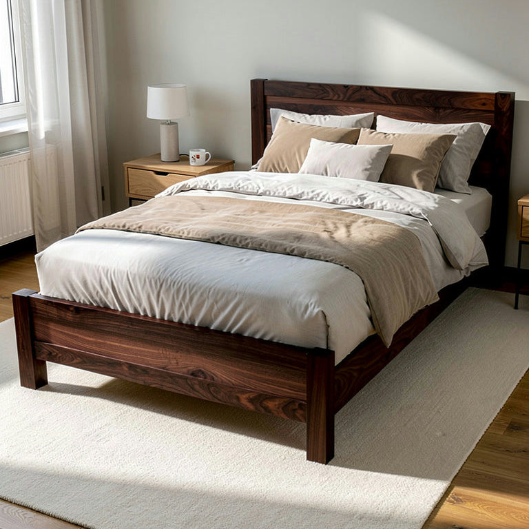 Wooden bed with white bedding in a well-lit bedroom