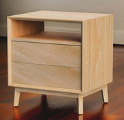 Mid-century modern JFK Nightstand in white oak with waterfall grain wrap and angled geometry, showcasing elegance and classic style.