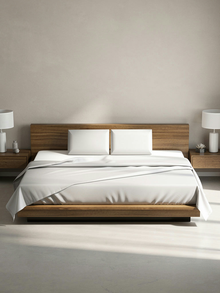 Modern bedroom with wooden bed and matching nightstands.