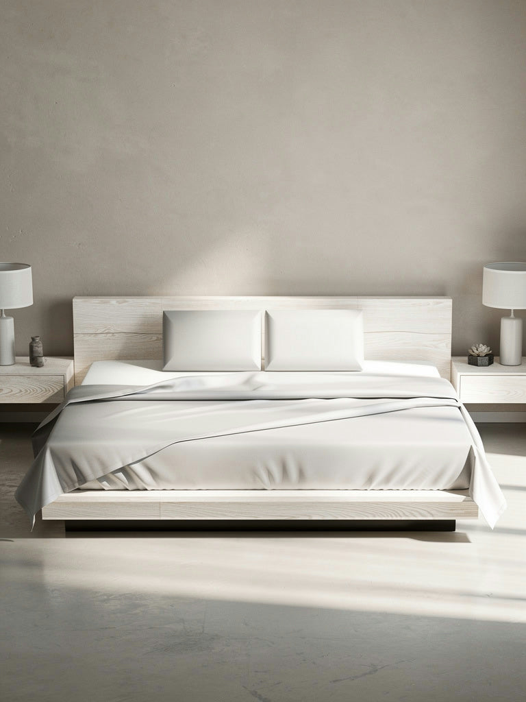 Modern bedroom with a white bed and matching nightstands against a neutral wall.