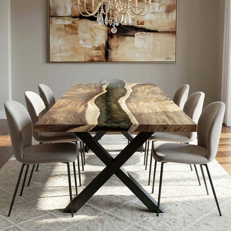 Dining room with a wooden table and chairs in a modern interior setting.