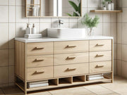 Solid wood Vanity Fair Triple bathroom vanity with sleek design, natural grain patterns, and ample storage in a modern bathroom setting.