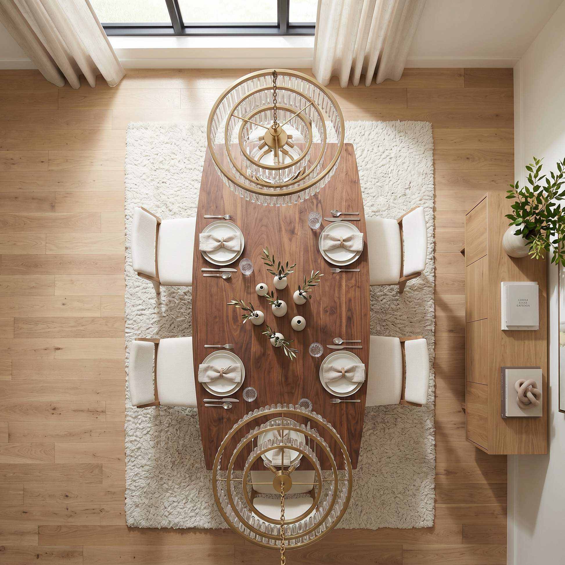 Dining room with wooden table set for four, chandeliers, and white chairs.