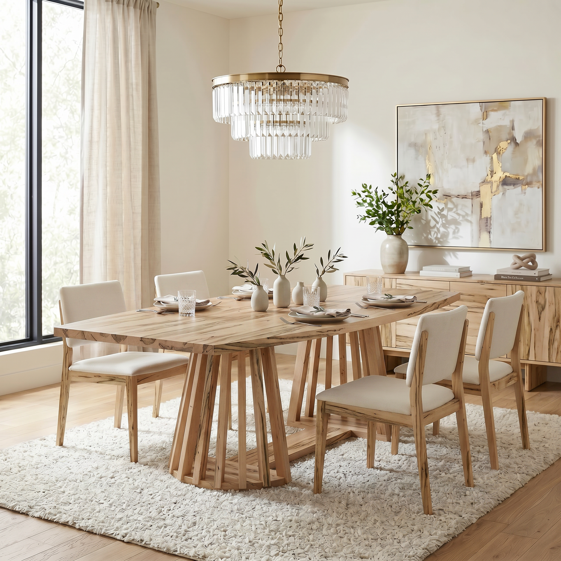 Dining room with wooden table and chairs, crystal chandelier, and decorative elements.