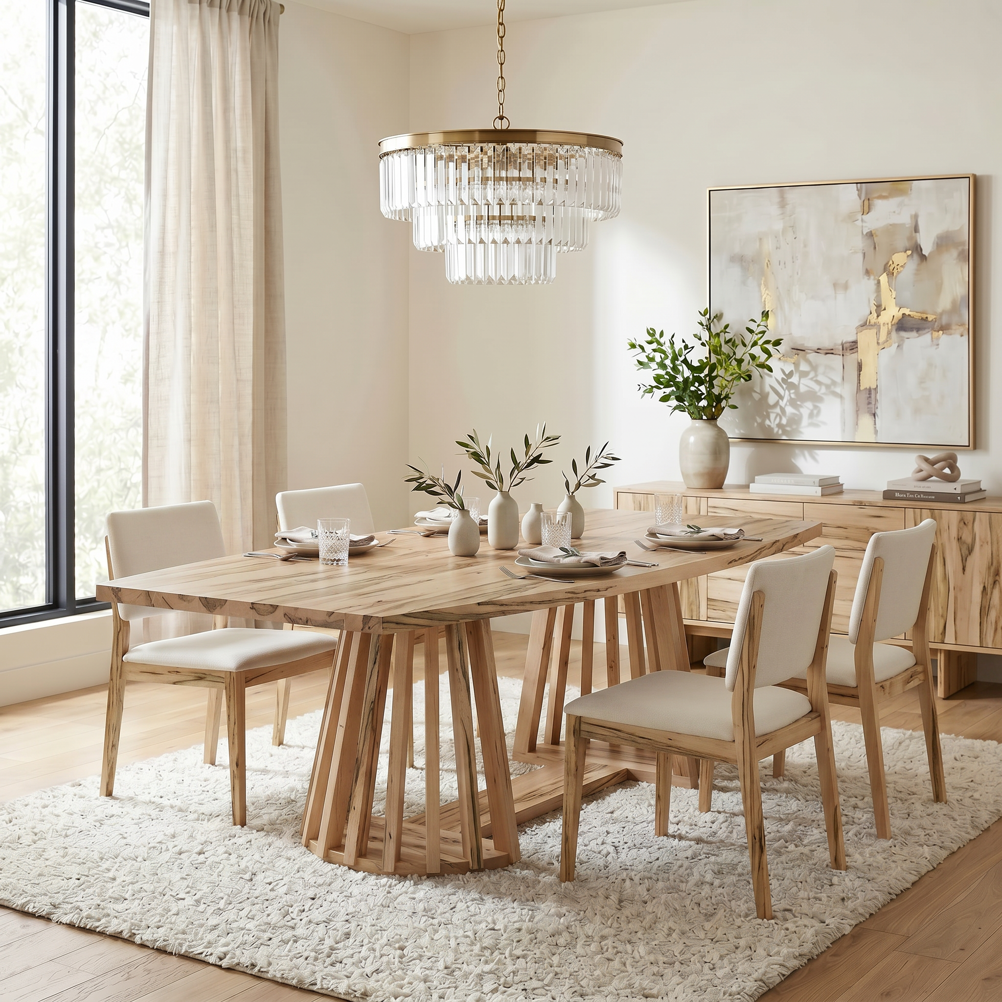 Dining room with wooden table and chairs, crystal chandelier, and decorative elements.