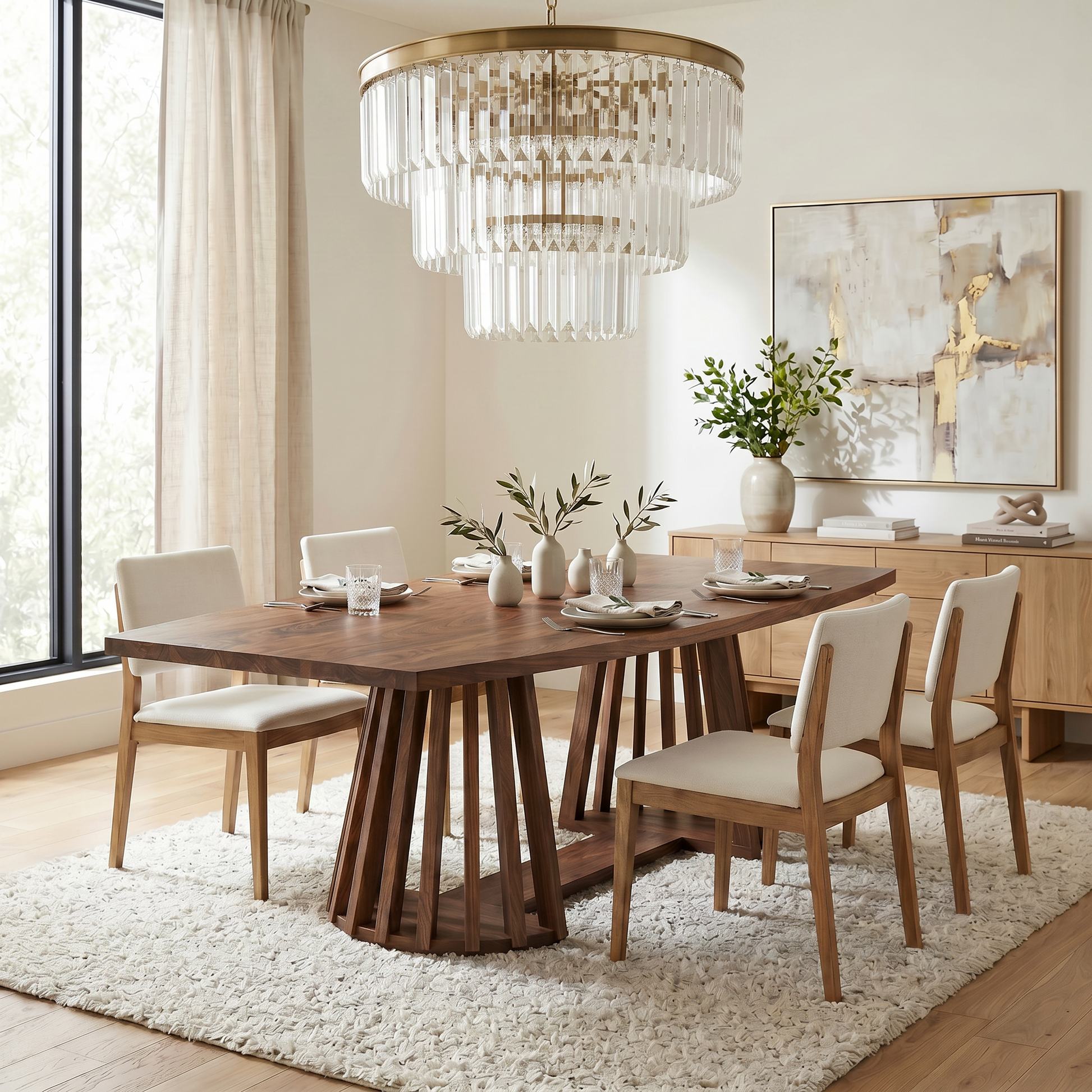 Dining room with wooden table and chairs, crystal chandelier, and abstract art on the wall.