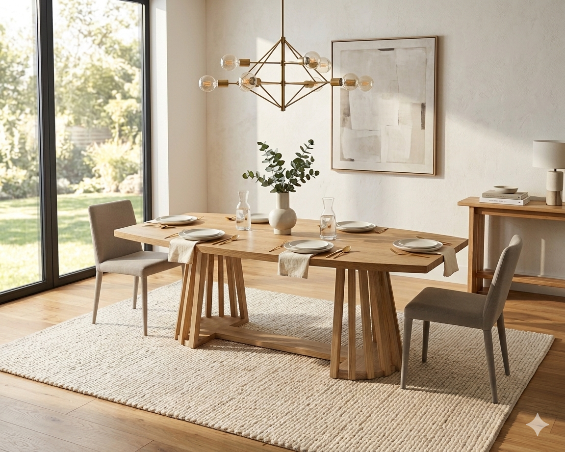 Dining room with wooden table and chairs, modern light fixture, and framed artwork.