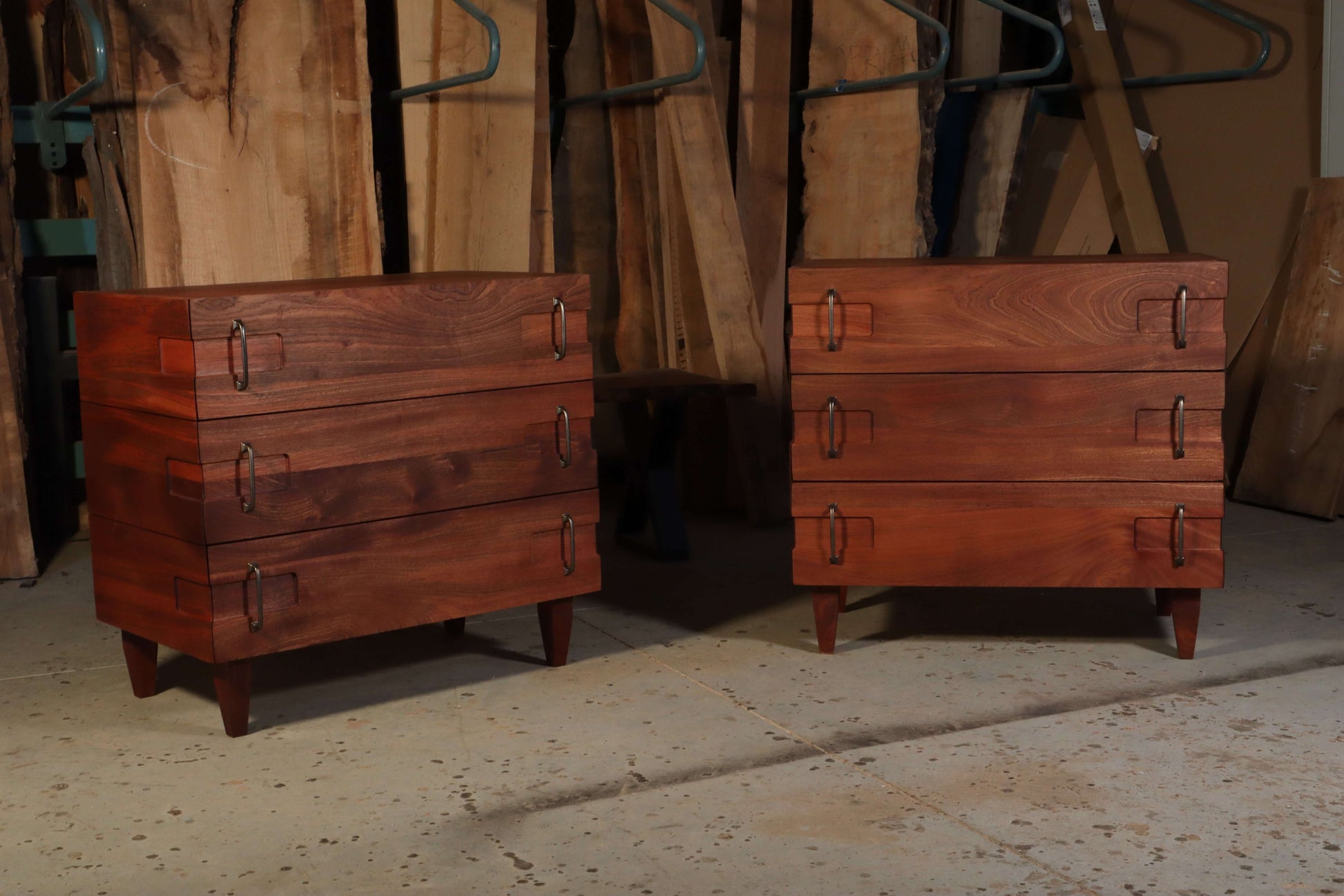 Sapelle nightstand set made of solid sapele wood with mid-century modern design and unique dual mount front hardware.