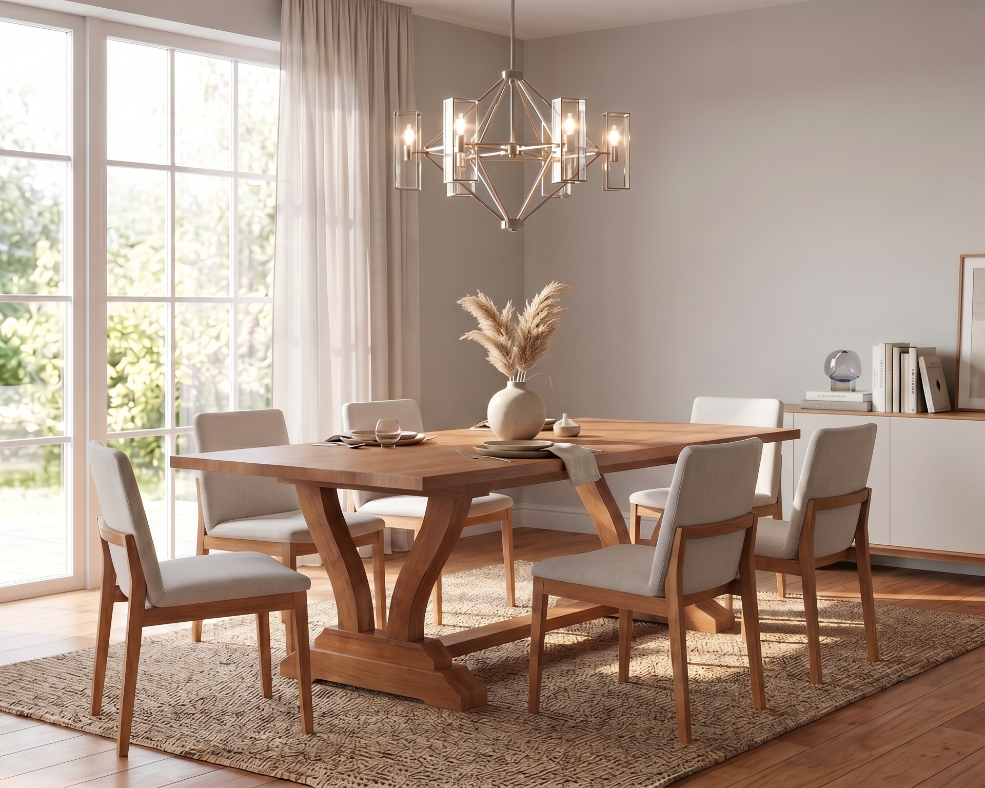 A modern dining room featuring a rectangular wooden dining table with a sculptural twisted base, surrounded by six upholstered chairs with light beige fabric and wooden legs. The dining set is styled on a textured beige rug under a multi-light chandelier, set in a bright room with large windows, sheer curtains, and a light wood sideboard.