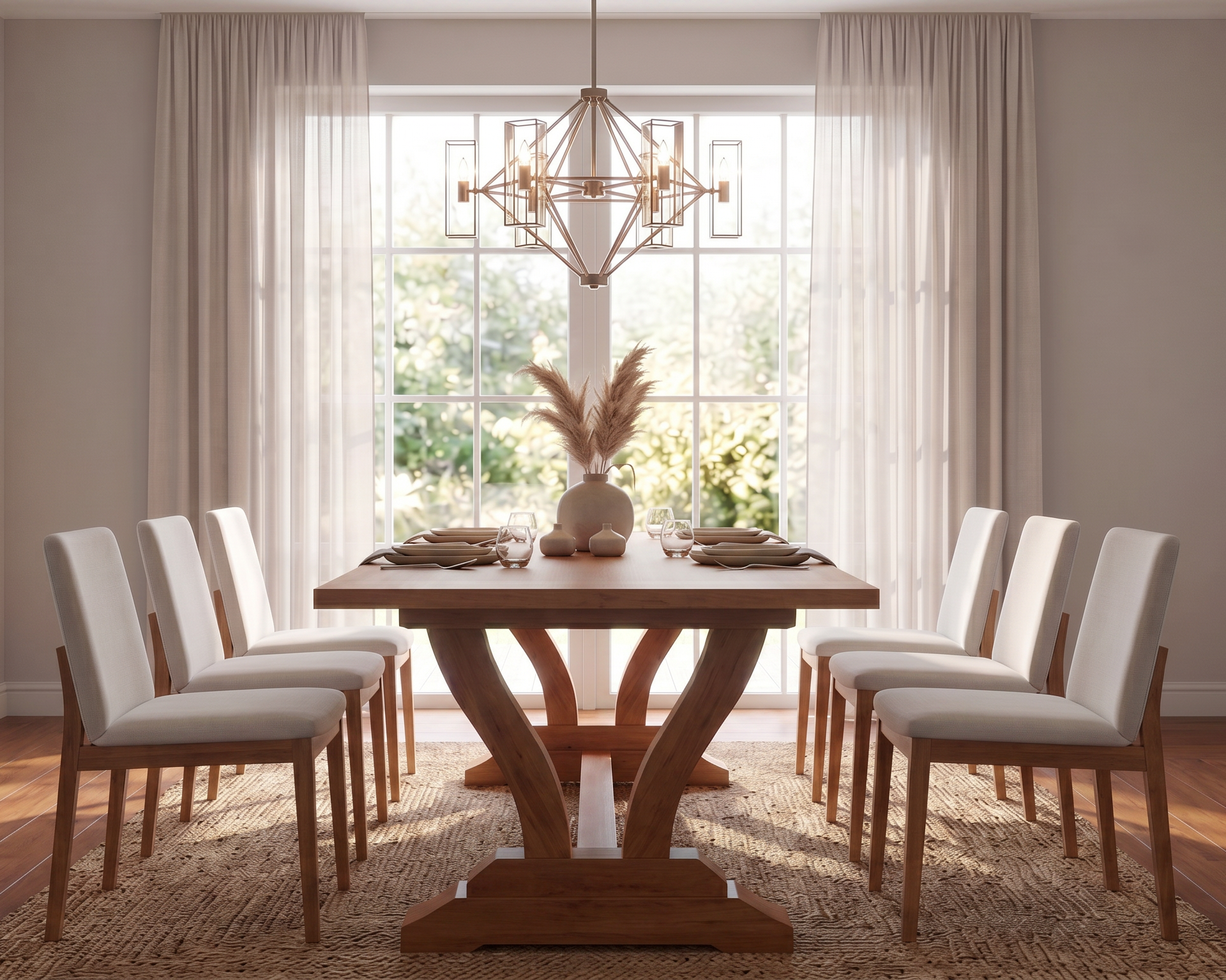 A dining room scene featuring a wooden rectangular table with a sculptural twisted pedestal base, surrounded by eight upholstered wooden chairs with cream fabric seats. The table is set with a vase of dried grasses and place settings, positioned on a textured area rug in front of a large window with sheer curtains and a geometric chandelier overhead.