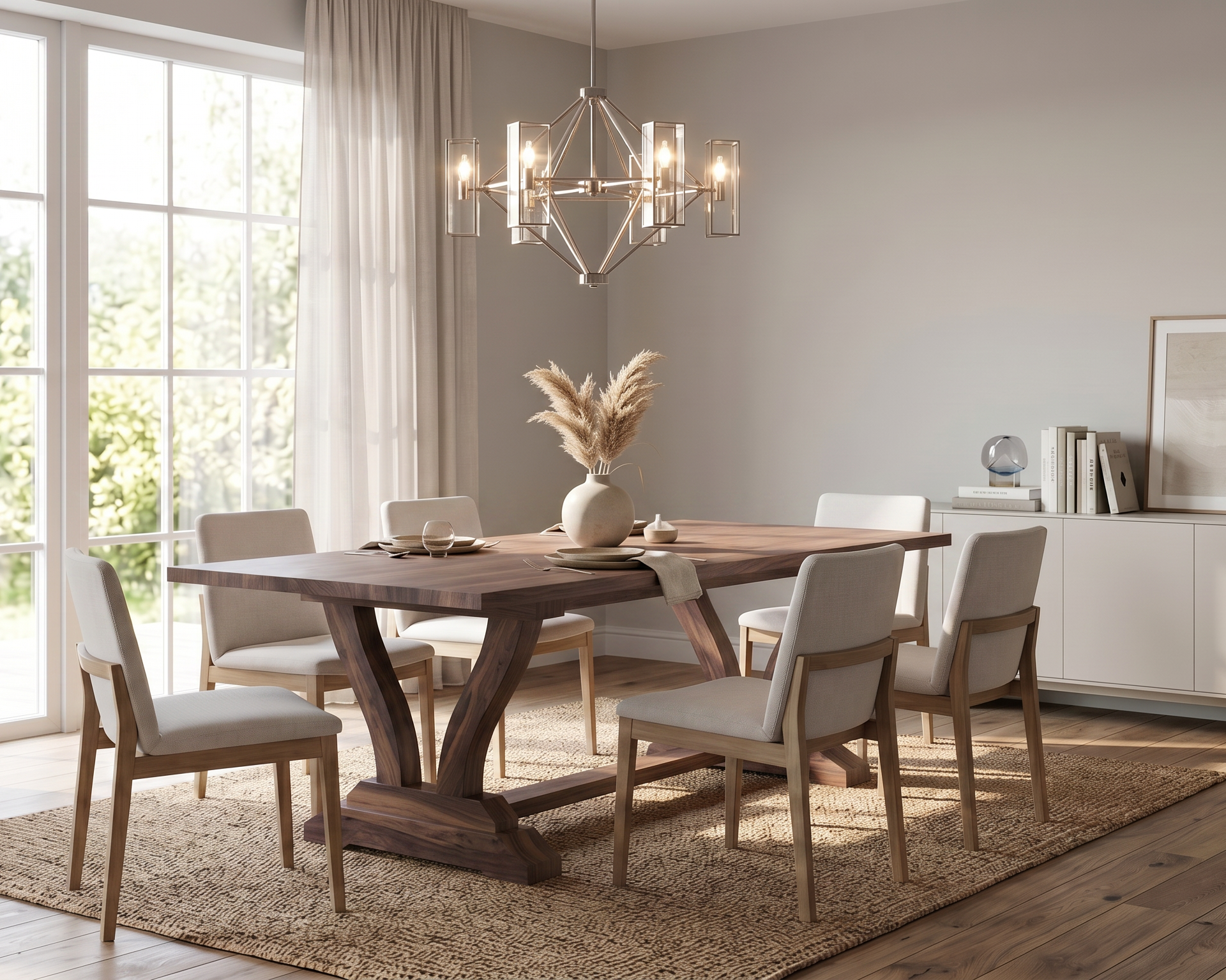 A modern dining room featuring a rectangular wooden table with a twisted base and six upholstered chairs, set on a textured area rug in a bright, contemporary room with large windows and a chandelier.