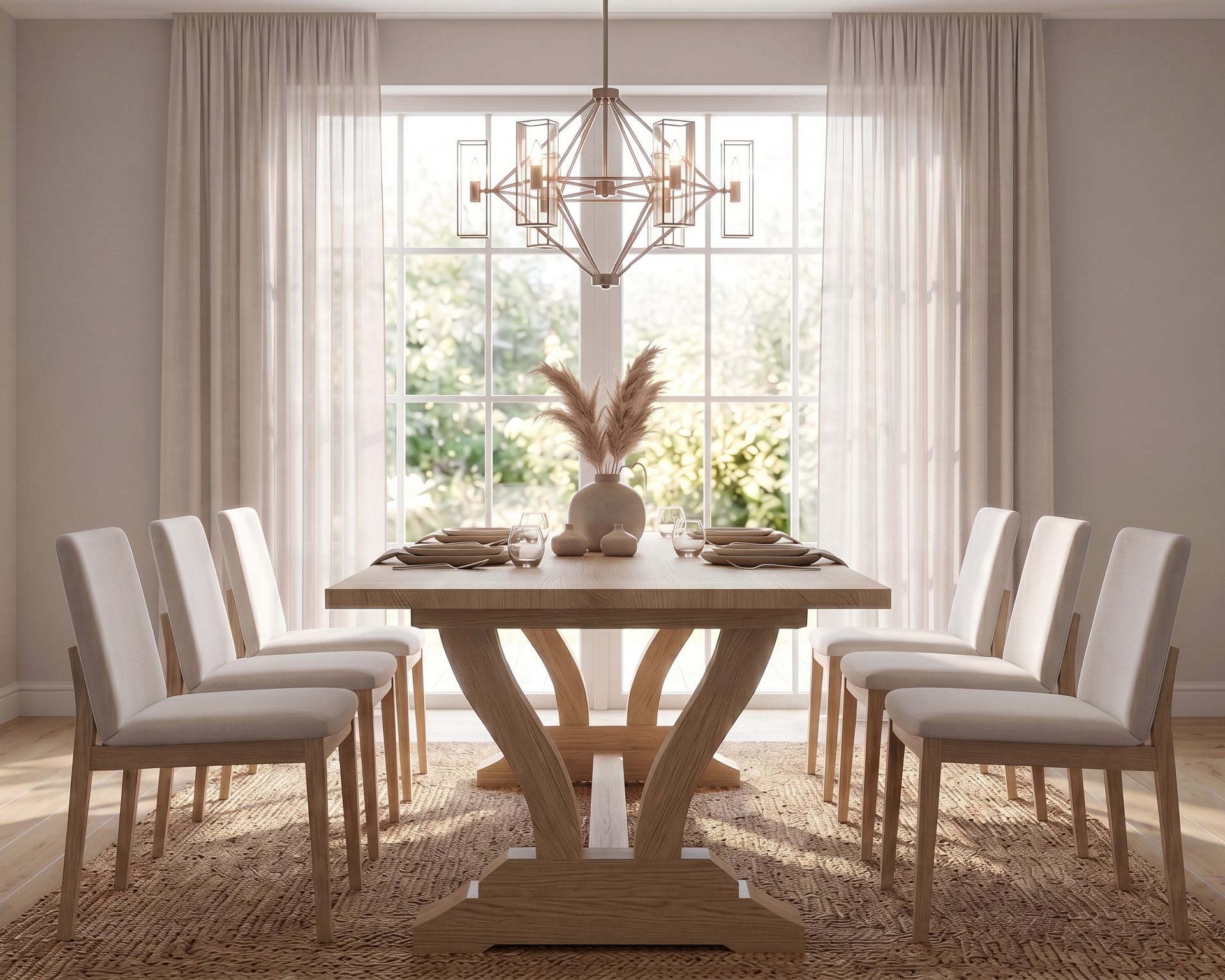 A dining room scene featuring a light wood rectangular table with a sculptural twisted pedestal base, surrounded by eight upholstered dining chairs in a neutral beige and white palette. The room is styled with a large window, sheer curtains, a geometric chandelier, and a textured area rug.