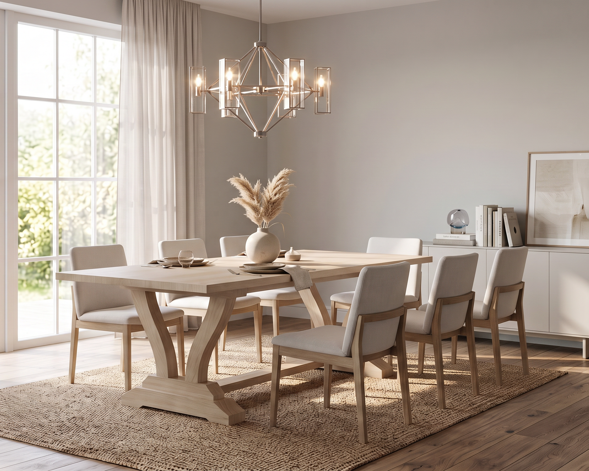 A light wood dining table with six upholstered chairs in a bright, modern dining room. The room features a large window with sheer curtains, a multi-light chandelier, and a neutral color palette.