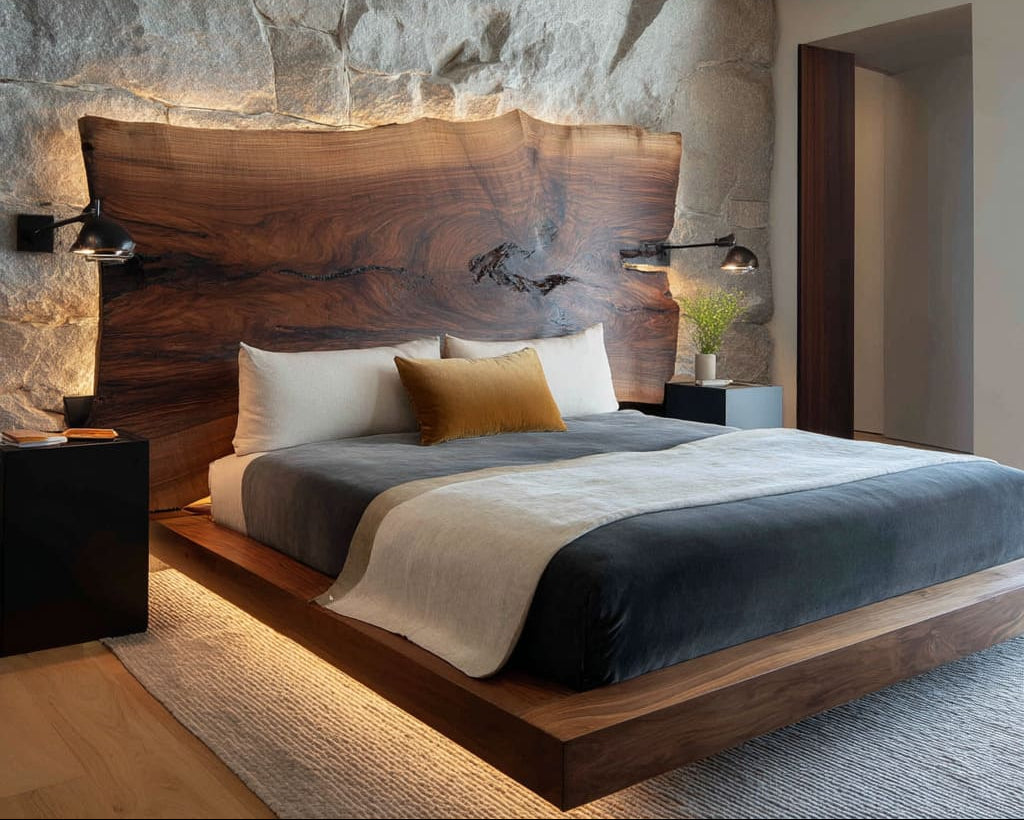 Modern bedroom with wooden bed and stone wall