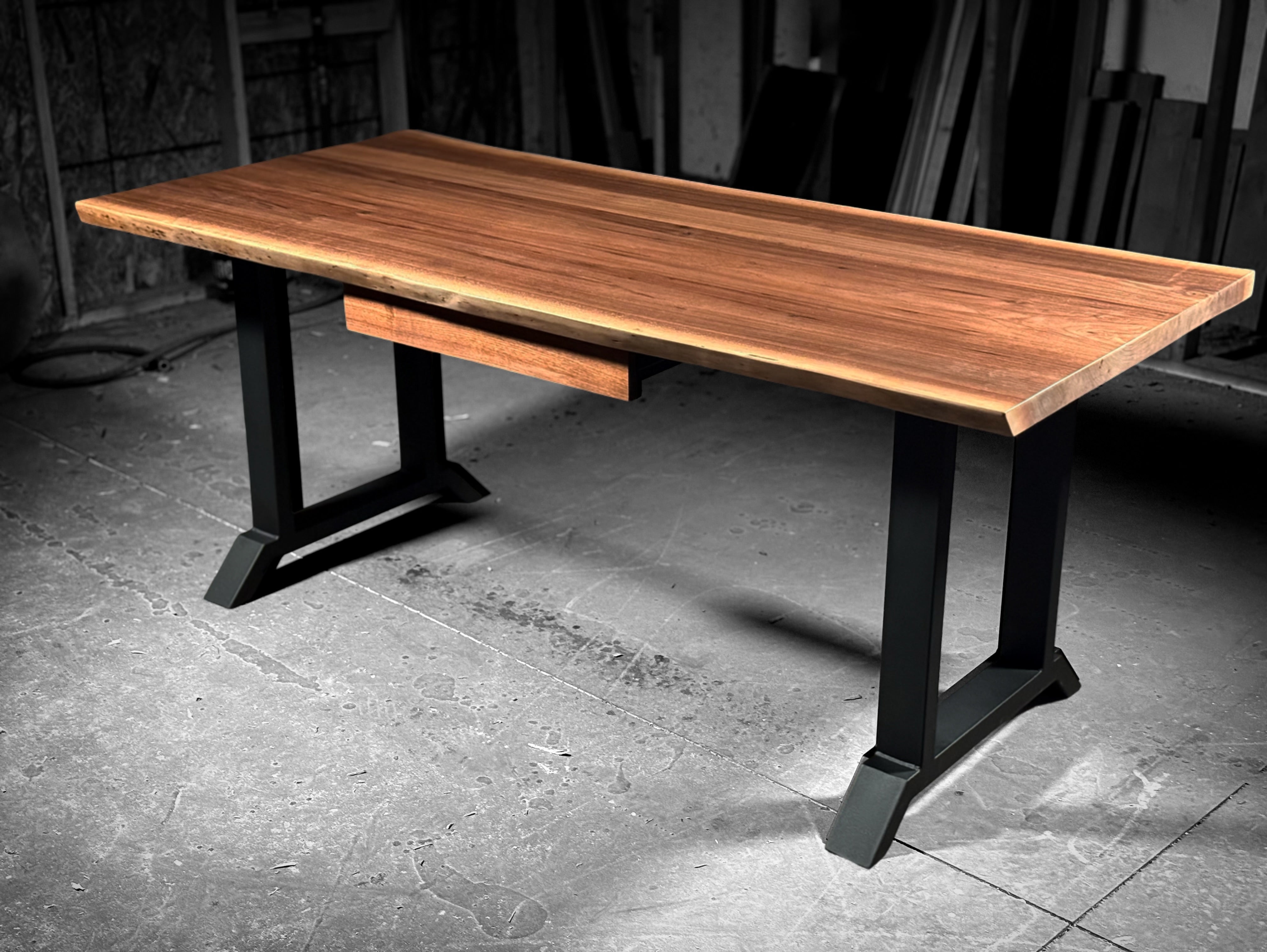 Live Edge walnut desktop with center drawer and metal legs