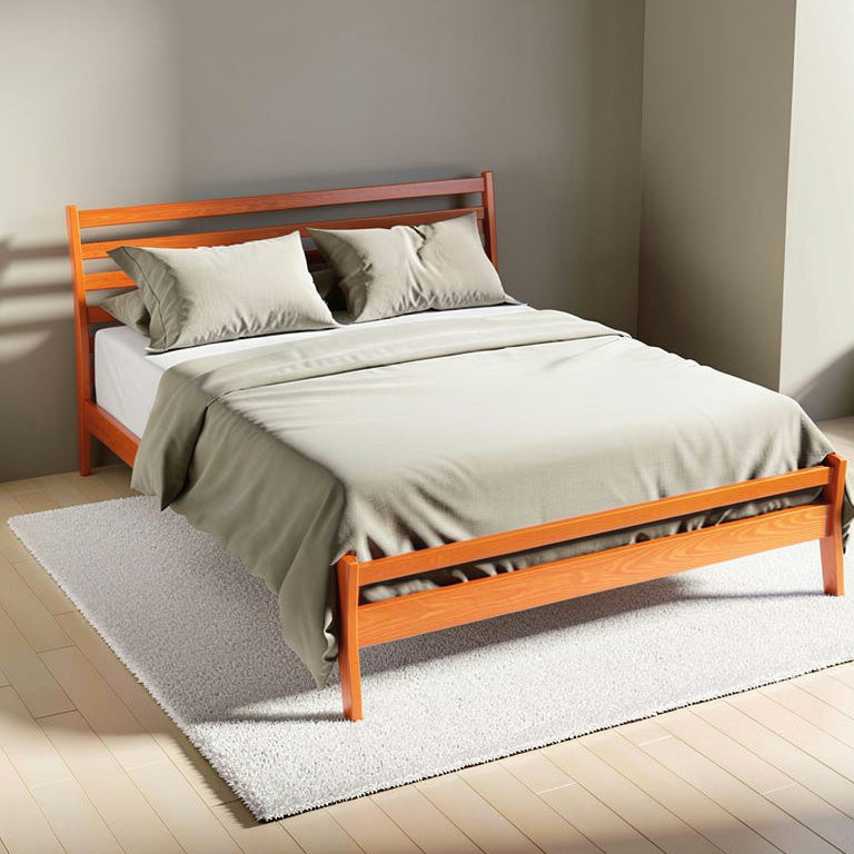 Wooden bed frame with bedding in a minimalistic room.