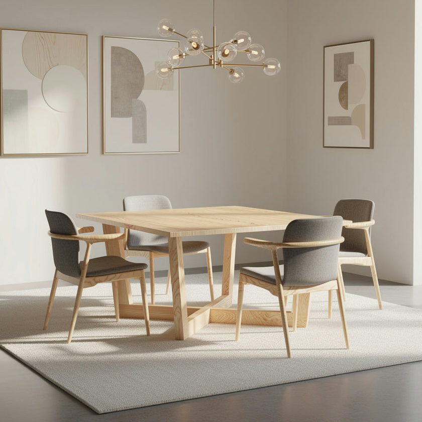 Modern dining room with wooden table and chairs, abstract art on the wall, and a chandelier.