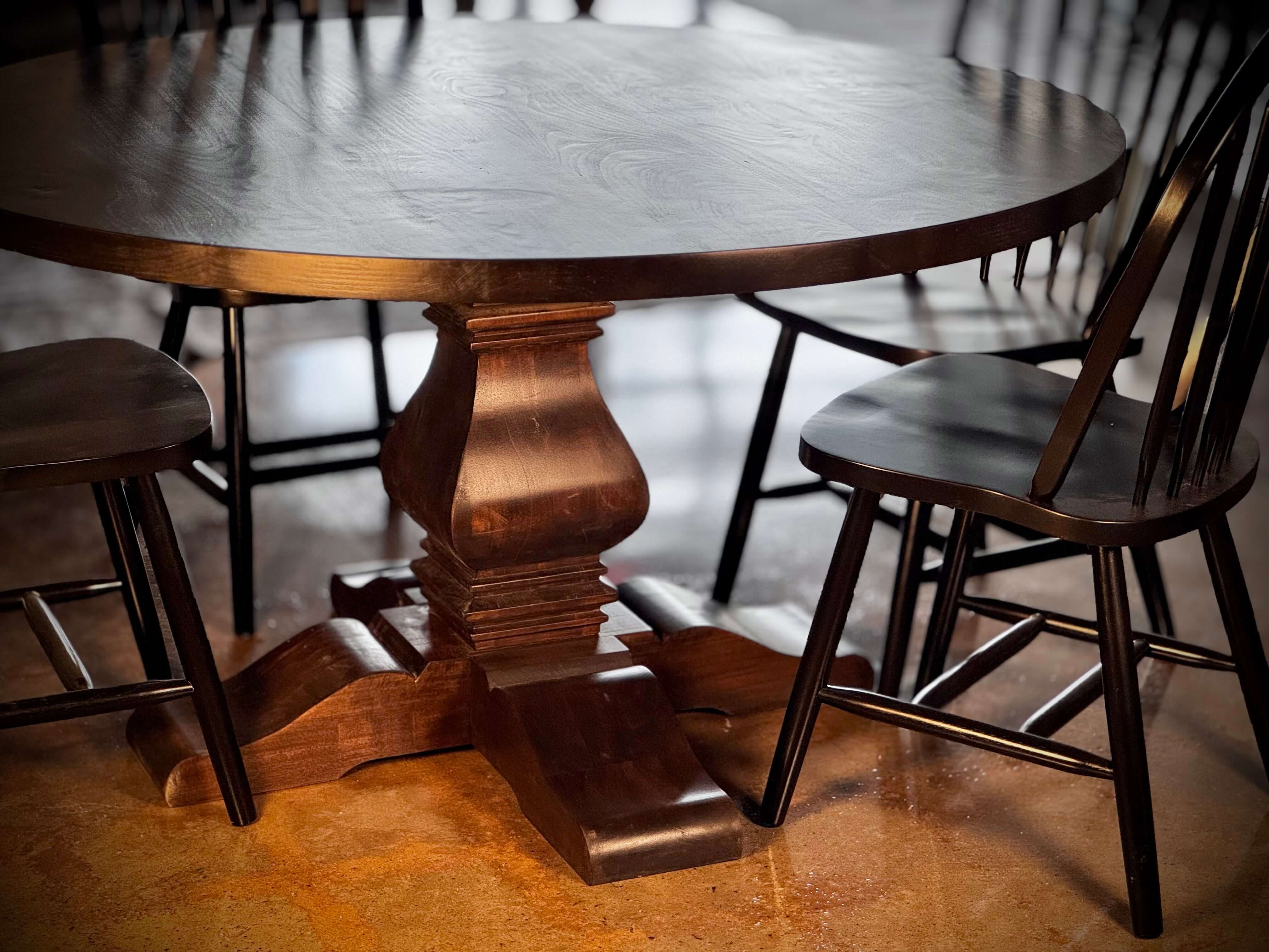 Round Maple Dining Table with Provincial Stain and Dining Chairs
