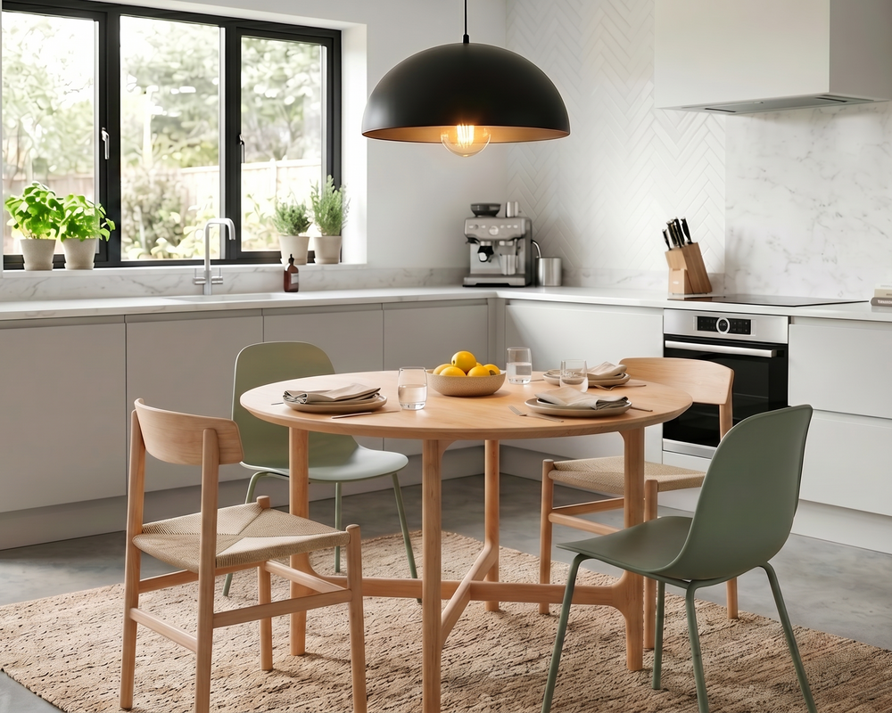 round kitchen table in cherry with mid century modern base