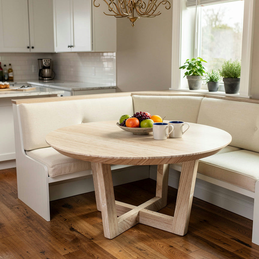 Modern kitchen with wooden dining table and bench seating