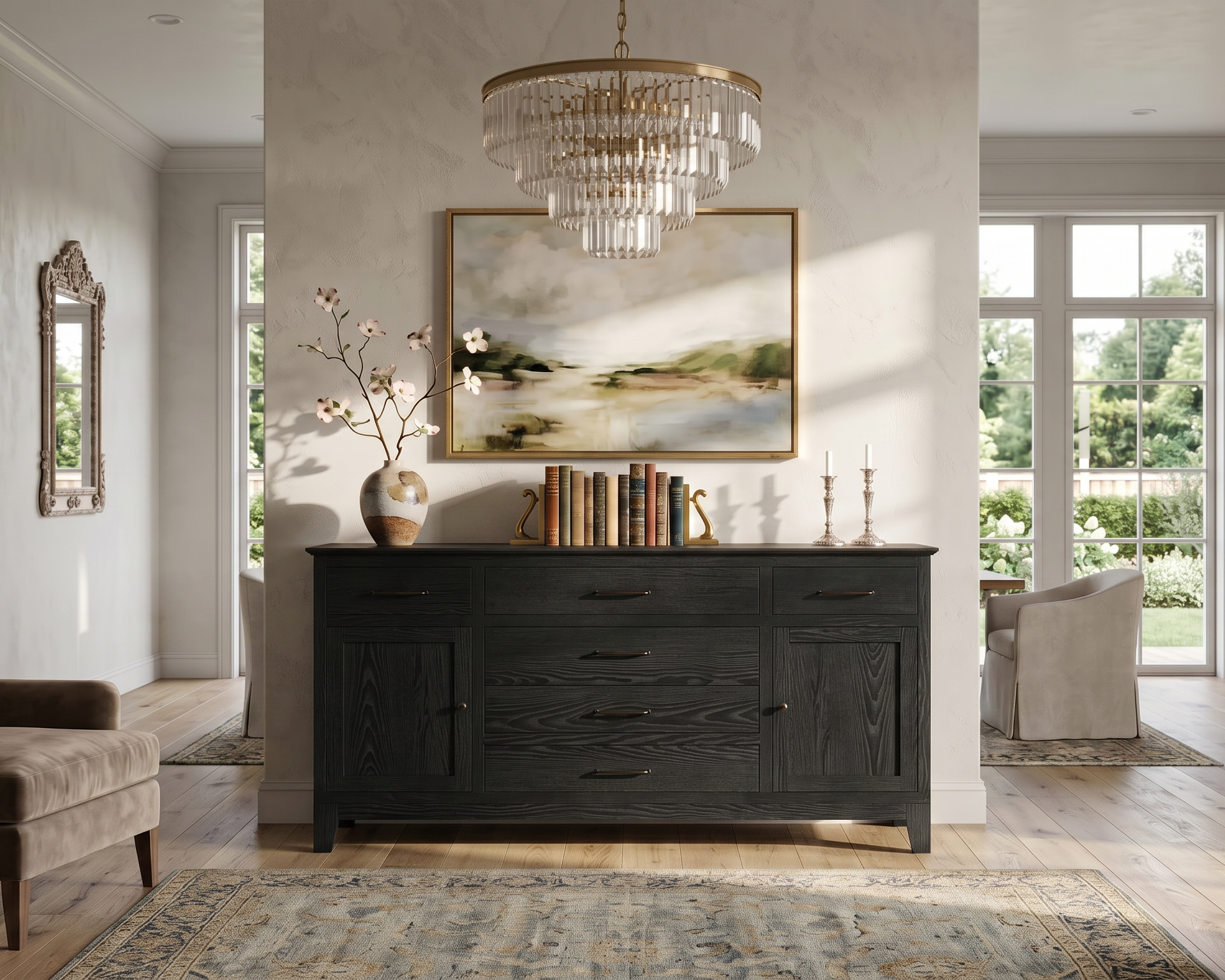 Living room with a dark wooden dresser, armchairs, and a large window.