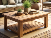Elegant outdoor coffee table "The Porchy" with potted plants on a wooden patio, offering a timeless look for outdoor relaxation.