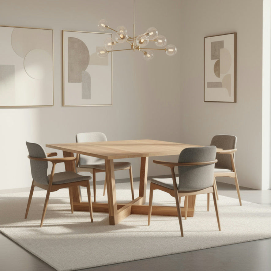 Modern dining room with wooden table and gray chairs, light-colored walls, and abstract art.