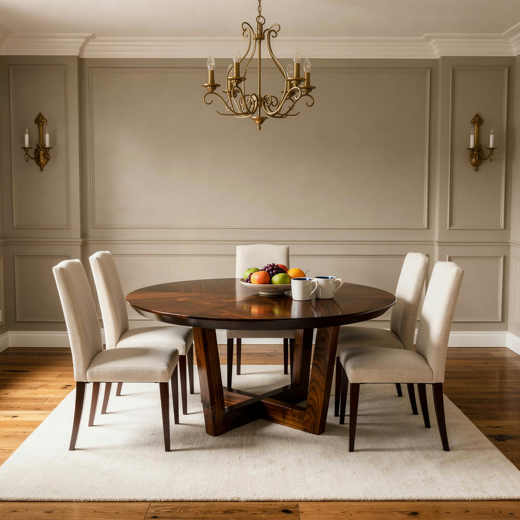Dining room with wooden table and chairs, fruit plate, and chandelier.