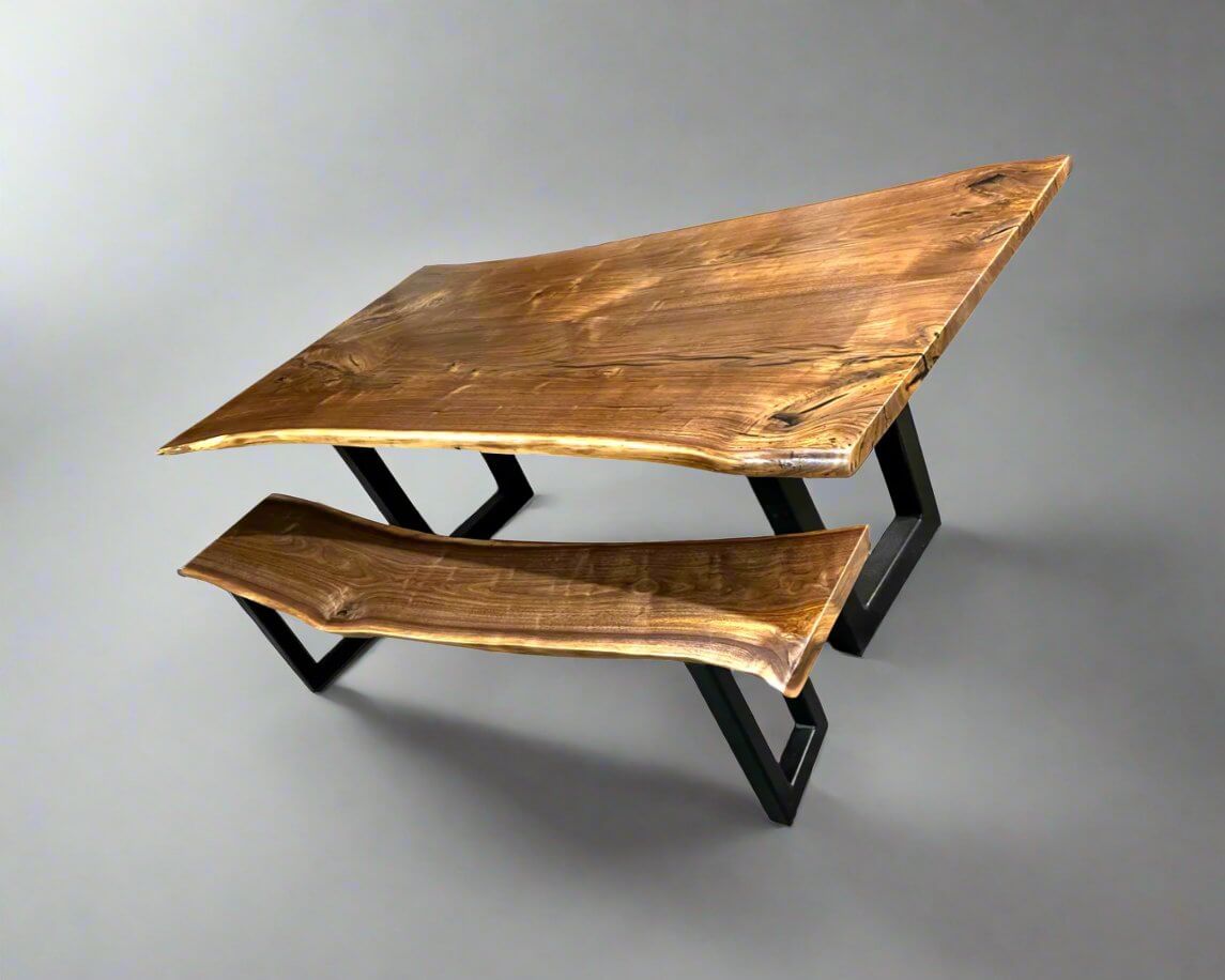 Book-matched live edge table with metal legs showcasing natural wood beauty and seamless symmetry.