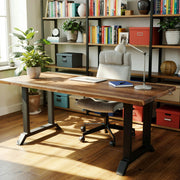 Home office with wooden desk, bookshelves filled with books and decor, and a chair.