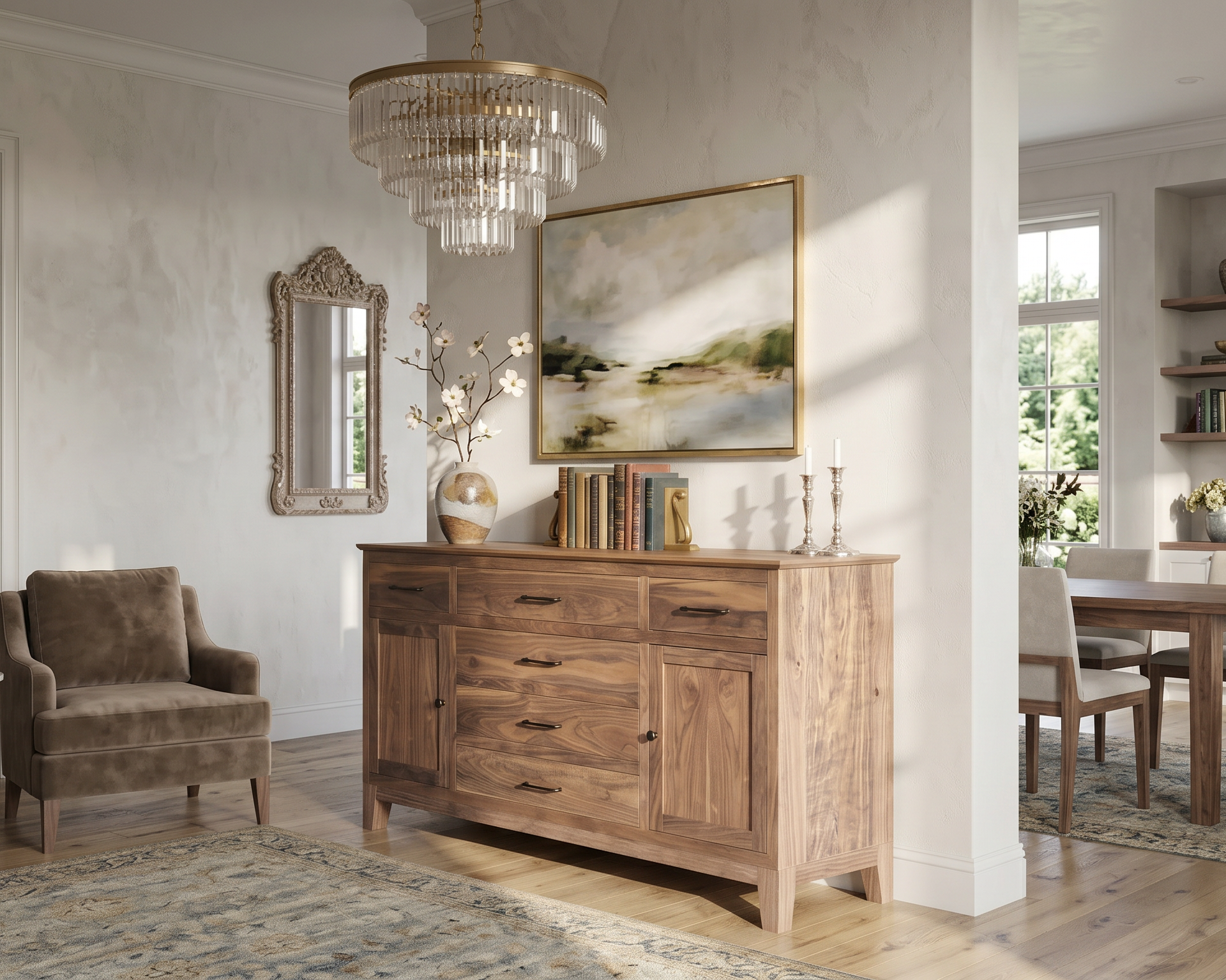 Living room with wooden furniture, armchair, and decorative elements.