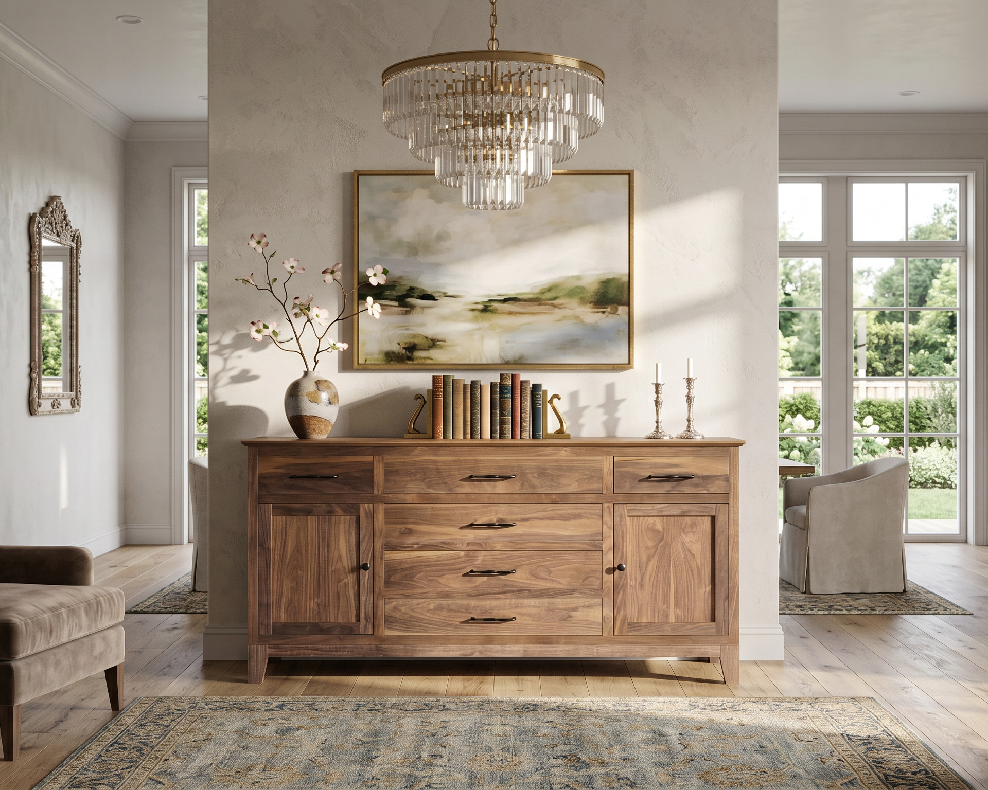 Living room with wooden sideboard, armchairs, and a chandelier.