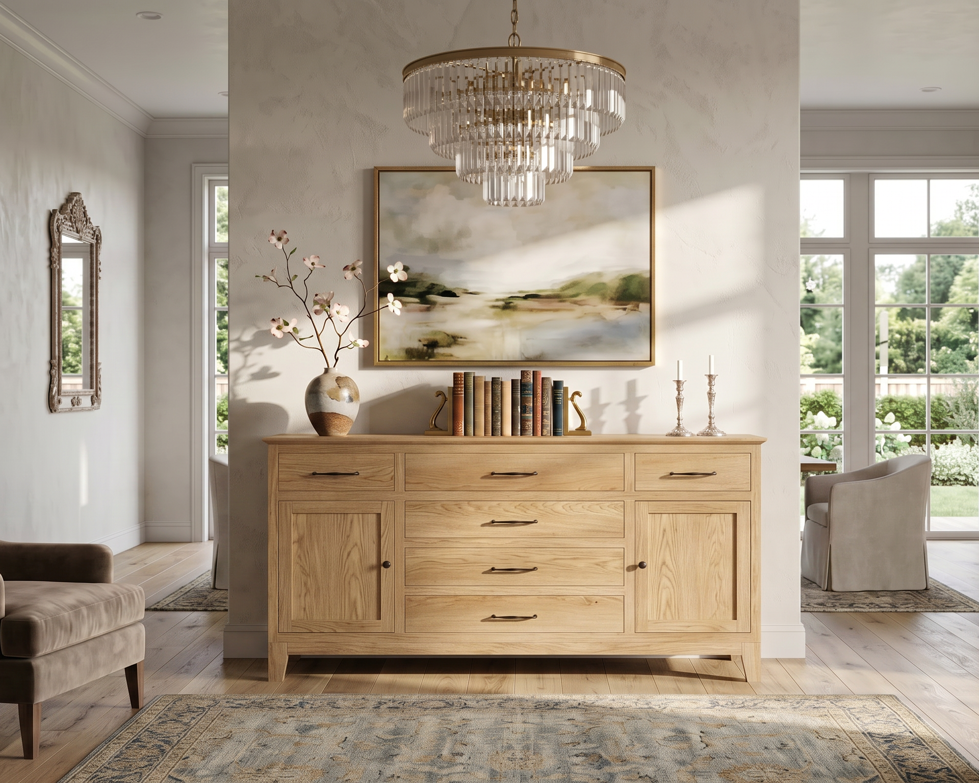 Living room with wooden sideboard, armchairs, and a large window.