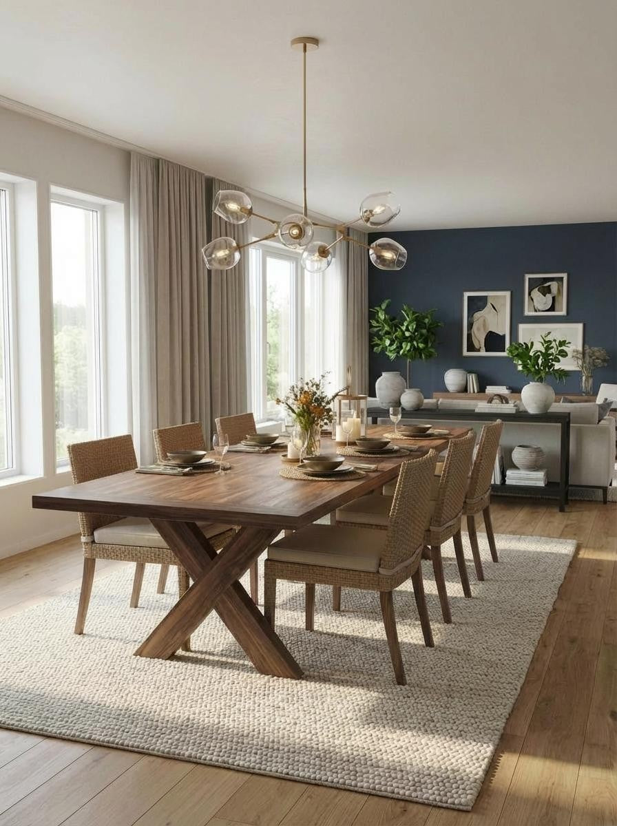 Dining room with wooden table and chairs, large windows, and modern decor.