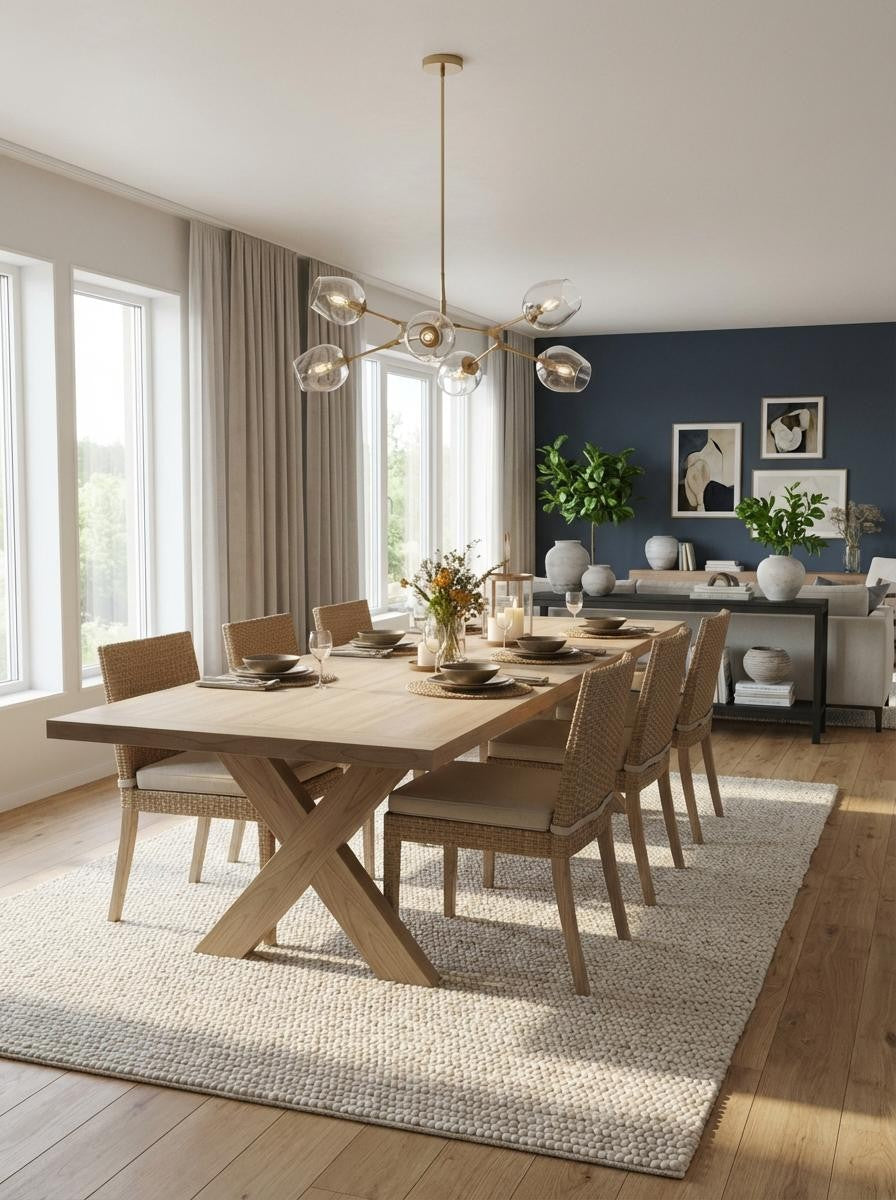 Dining room with wooden table and chairs, modern chandelier, and decorative elements.