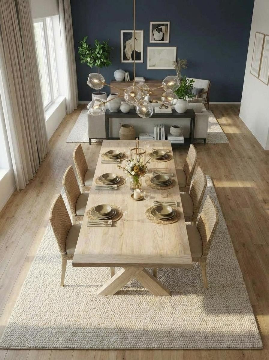 Dining room with wooden table and chairs, decorated with plates and glasses on a rug.