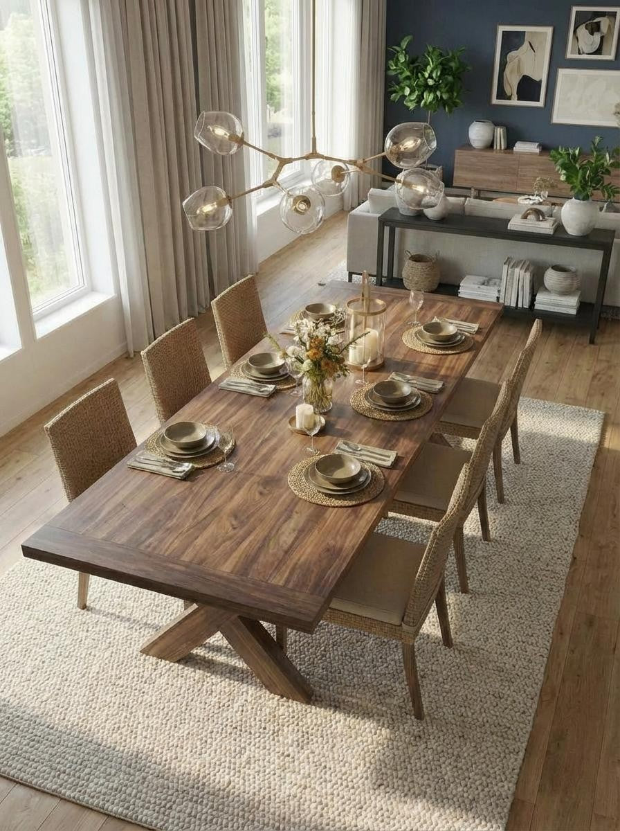 Dining room with a wooden table set for dinner, large windows, and modern decor.