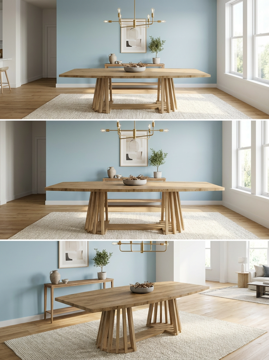 Wooden dining table in a room with light blue walls and large windows.