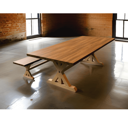 Rustic Braden farmhouse trestle table in brick room, showcasing solid wood construction and distressed finish.