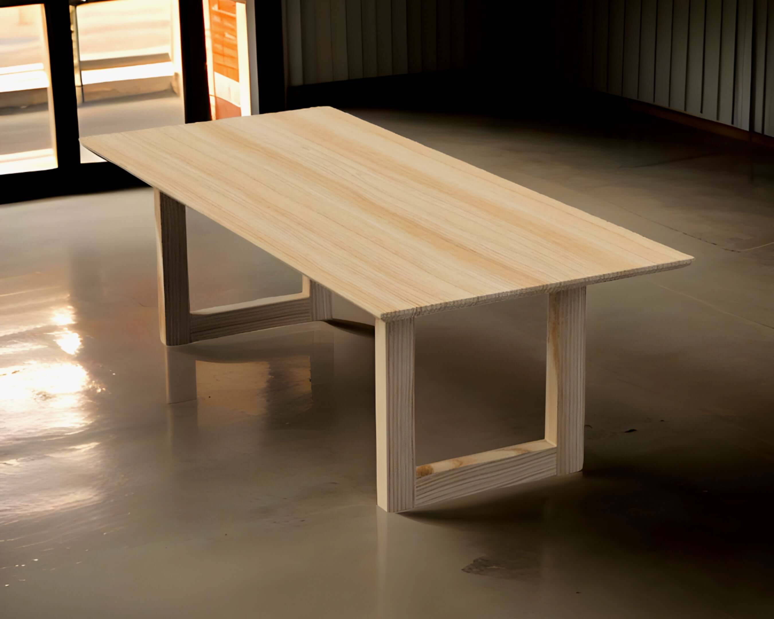 Modern wood dining table with U-shaped trestle base, The Bonita, showcasing sleek craftsmanship and solid wood construction.