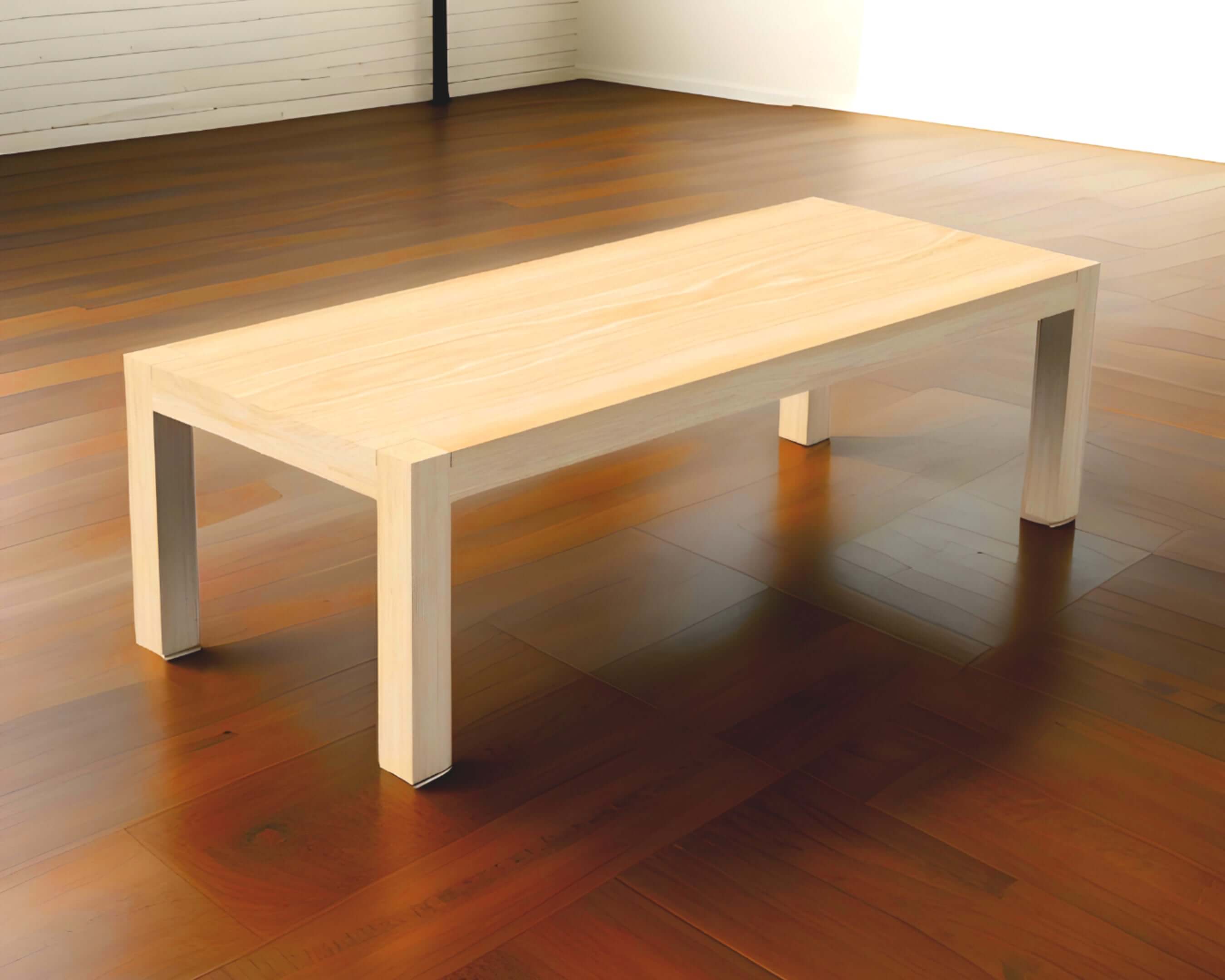 Modern European Swiss style dining table with sleek lines and chunky legs in light wood tone, perfect for customizable sizes.