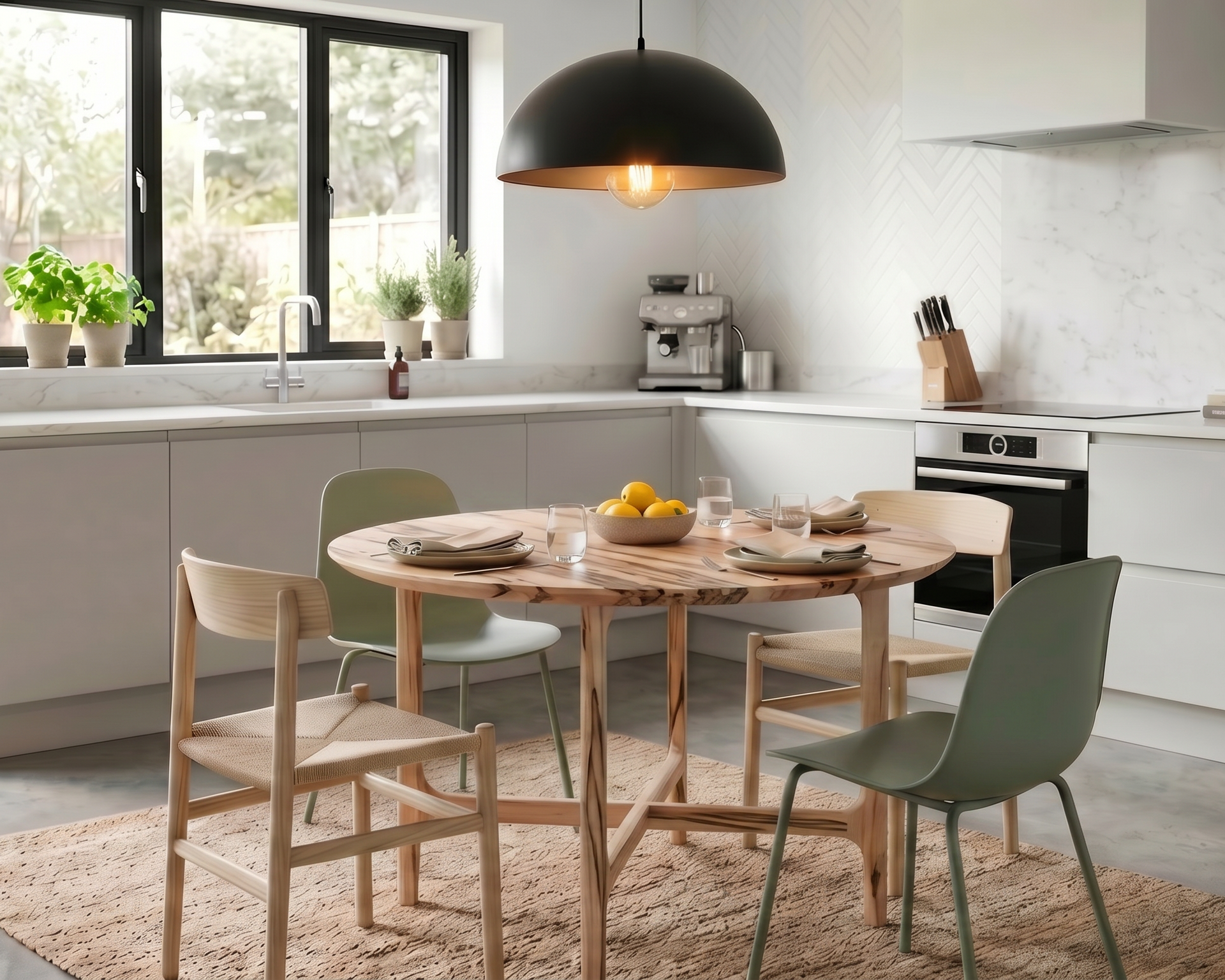A modern kitchen scene with a round wooden dining table set with four chairs, including two sage green chairs, under a black dome pendant light. The kitchen features white cabinets, a marble backsplash, and large black-framed windows.