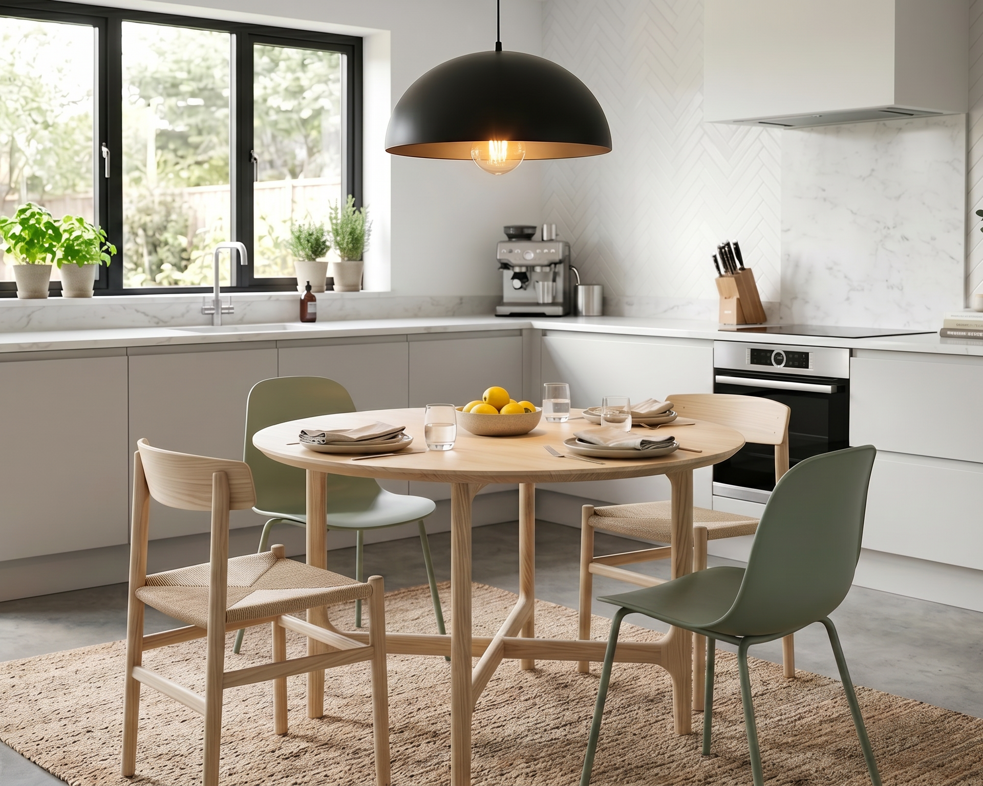 A modern kitchen and dining area with a round wooden dining table, four chairs, a black pendant light, white cabinetry, and a large window in the background.