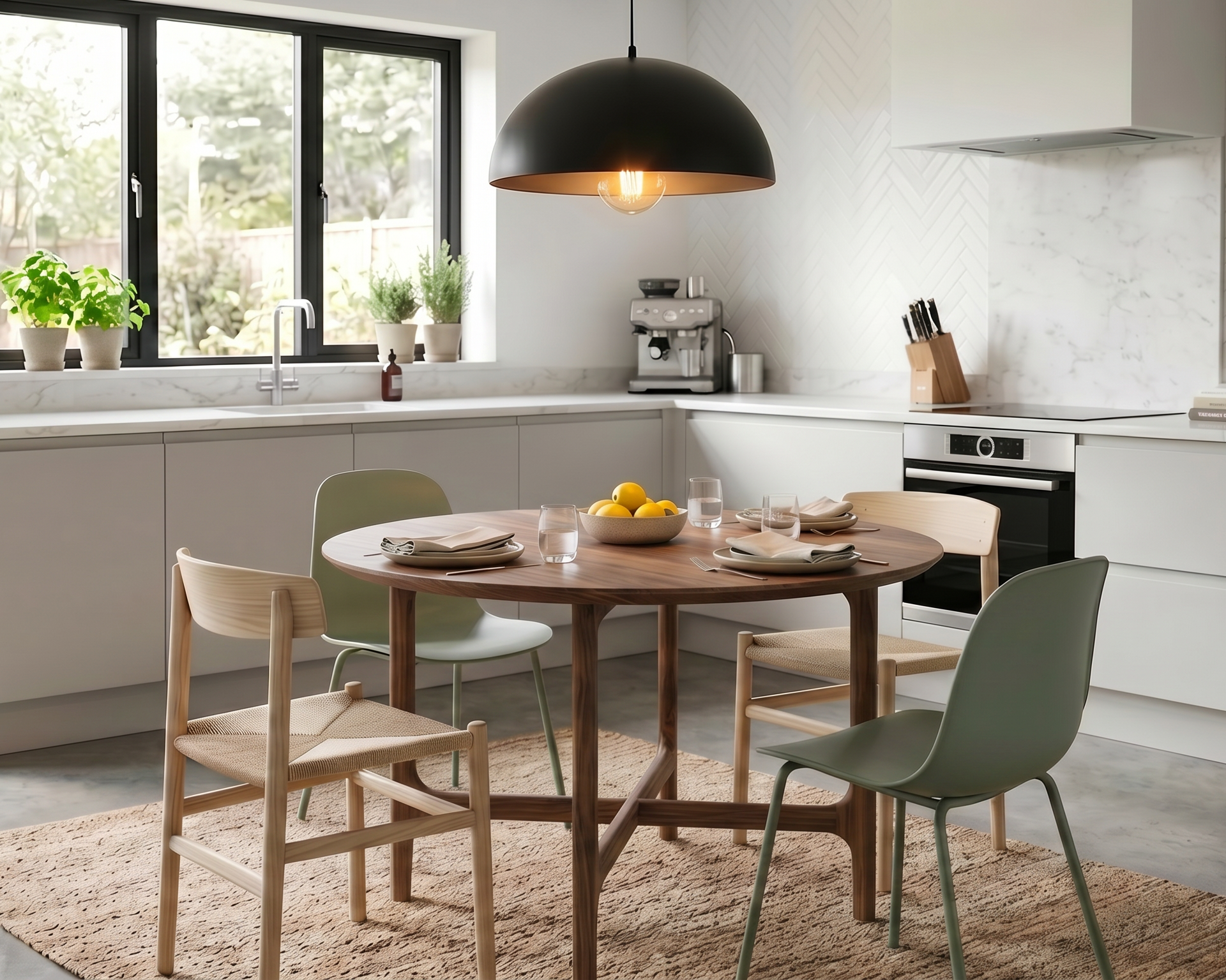 A modern kitchen interior with a round wooden dining table, four chairs, a black pendant light, white cabinetry, and a large window in the background.